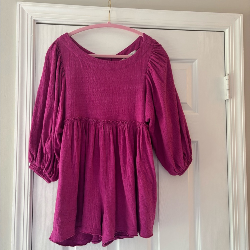 Free People FP Beach Magenta Textured Romper Raw Hem Boho 3/4 Sleeve XS